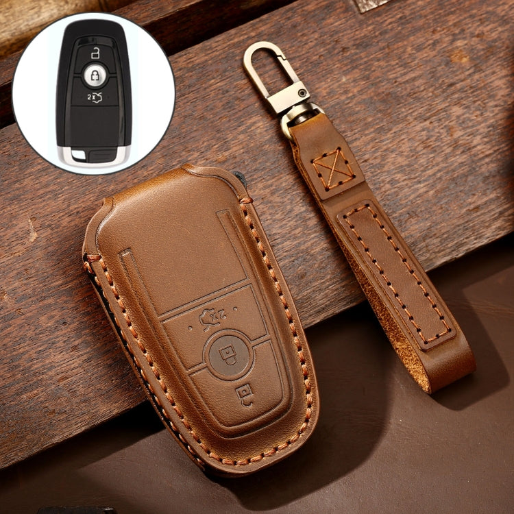 Hallmo Car Cowhide Leather Key Protective Cover Key Case for Ford Focus B Style(Brown) - Car Key Cases by Hallmo | Online Shopping South Africa | PMC TechLife | Buy Now Pay Later Mobicred