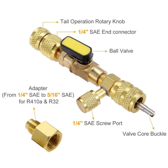 R410A R22 Spool Remover Installation Tool with Dual Size SAE 1/4 and 5/16 Ports