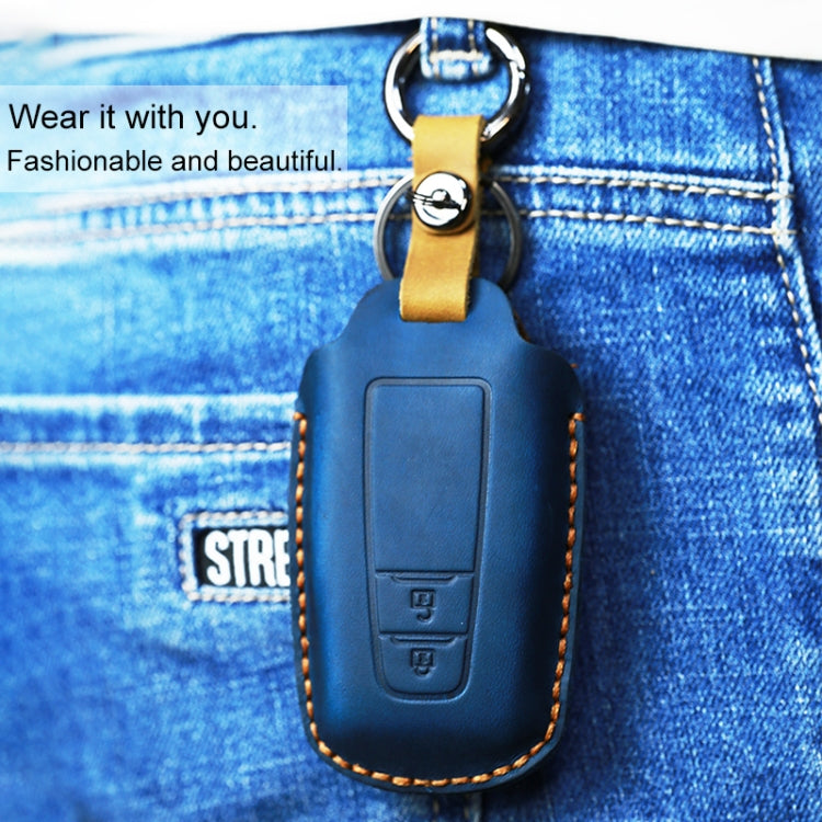 For Toyota Car Cowhide Leather Key Protective Cover Key Case, Three Keys Version (Blue)