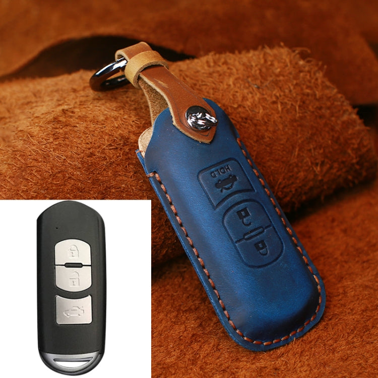 For Mazda Old Style Hallmo Car Cowhide Leather Key Protective Cover Key Case, Three Keys Version(Blue) - Car Key Cases by Hallmo | Online Shopping South Africa | PMC TechLife | Buy Now Pay Later Mobicred