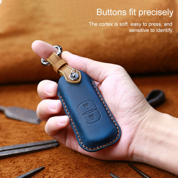 For Mazda Old Style Hallmo Car Cowhide Leather Key Protective Cover Key Case, Three Keys Version(Blue)