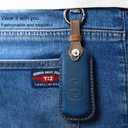 For Mazda Old Style Hallmo Car Cowhide Leather Key Protective Cover Key Case, Three Keys Version(Blue)