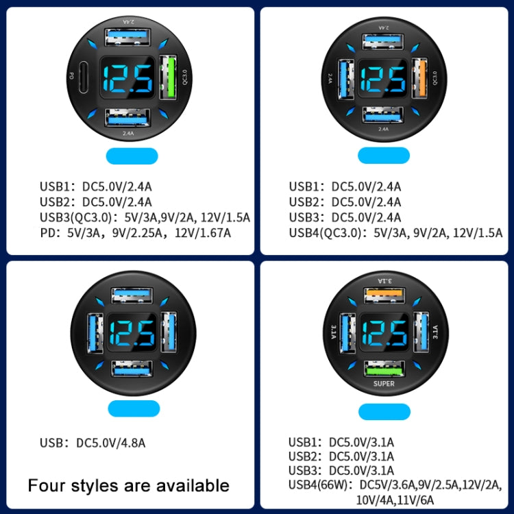 2pcs 4 in 1 USB 66W Digital Display Car Super Fast Charger