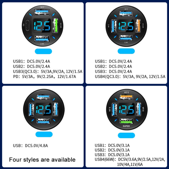 2pcs 4 in 1 USB QC3.0 Digital Display Car Fast Charger