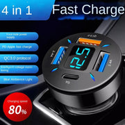 2pcs 4 in 1 USB QC3.0 Digital Display Car Fast Charger