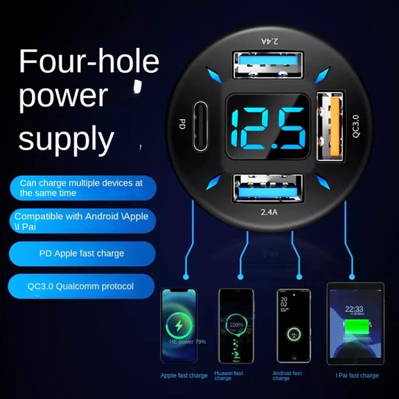 2pcs 4 in 1 USB QC3.0 Digital Display Car Fast Charger