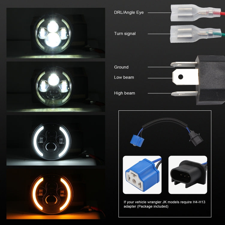 7 inch H4 / H13 DC 9V-30V 3000LM 3000K-6000K 25W Car Round Shape LED Headlight Lamps for Jeep Wrangler, with Angel Eye(White Light)