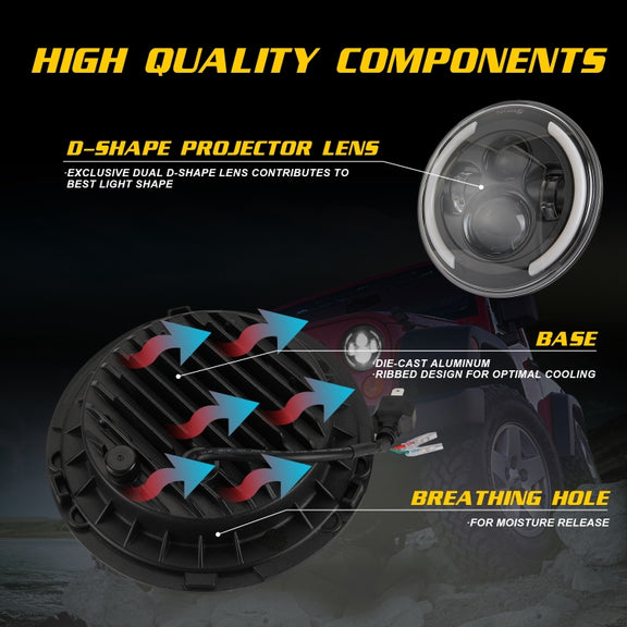 7 inch H4 / H13 DC 9V-30V 3000LM 3000K-6000K 25W Car Round Shape LED Headlight Lamps for Jeep Wrangler, with Angel Eye(White Light)