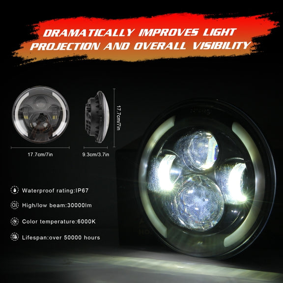 7 inch H4 / H13 DC 9V-30V 3000LM 3000K-6000K 25W Car Round Shape LED Headlight Lamps for Jeep Wrangler, with Angel Eye(White Light)