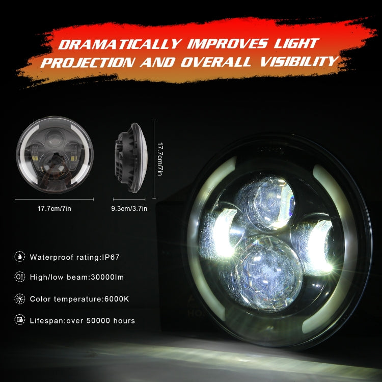 7 inch H4 / H13 DC 9V-30V 3000LM 3000K-6000K 25W Car Round Shape LED Headlight Lamps for Jeep Wrangler, with Angel Eye(White Light)