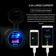Universal Car QC3.0 Dual Port USB Charger Power Outlet Adapter 5V 2.4A IP66 with 60cm Cable(White Light)