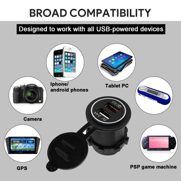 Universal Car QC3.0 Dual Port USB Charger Power Outlet Adapter 5V 2.4A IP66 with 60cm Cable(White Light)