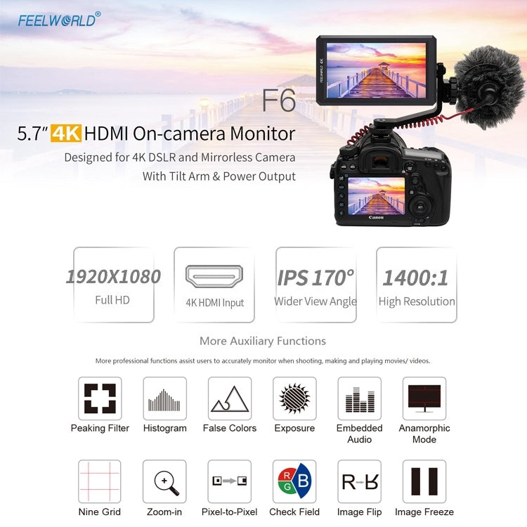 FEELWORLD F6 1920x1080 5.5 inch IPS Screen HDMI 4K Camera Field Monitor - free shipping - PMC Jewellery - Order now!