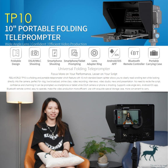 FEELWORLD TP10 Portable 10-inch Folding Teleprompter with Remote Control Lens Adapter Ring For Below 10 inches Smartphone / Tablet (Black)