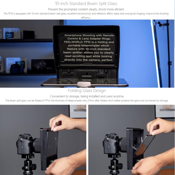 FEELWORLD TP10 Portable 10-inch Folding Teleprompter with Remote Control Lens Adapter Ring For Below 10 inches Smartphone / Tablet (Black)