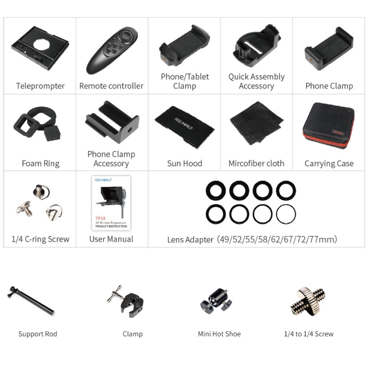 FEELWORLD TP10 Portable 10-inch Folding Teleprompter with Remote Control Lens Adapter Ring For Below 10 inches Smartphone / Tablet (Black) - free shipping - PMC TechLife - Order now!