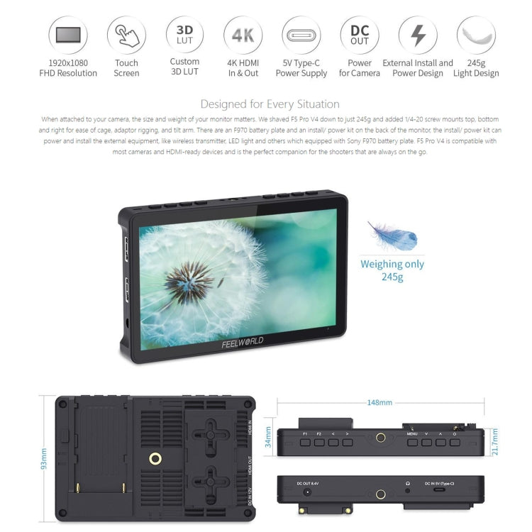 FEELWORLD F5 Pro V4 6 inch Touch Screen DSLR Camera Field Monitor 3D LUT 4K HDMI Input Output Tilt Arm - free shipping - PMC Jewellery - Order now!