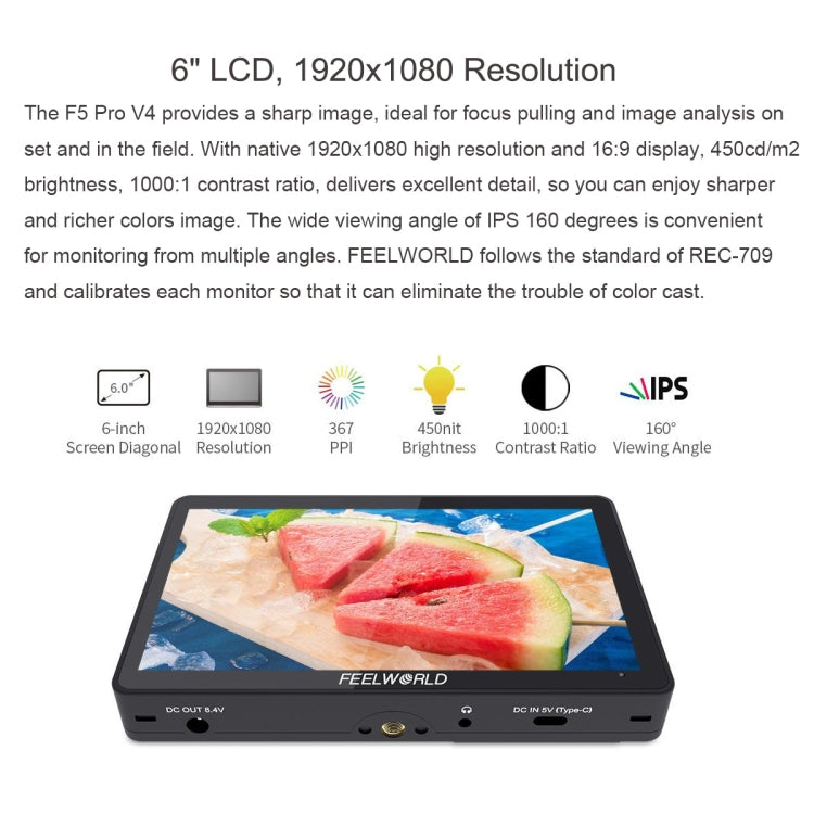 FEELWORLD F5 Pro V4 6 inch Touch Screen DSLR Camera Field Monitor 3D LUT 4K HDMI Input Output Tilt Arm - free shipping - PMC Jewellery - Order now!