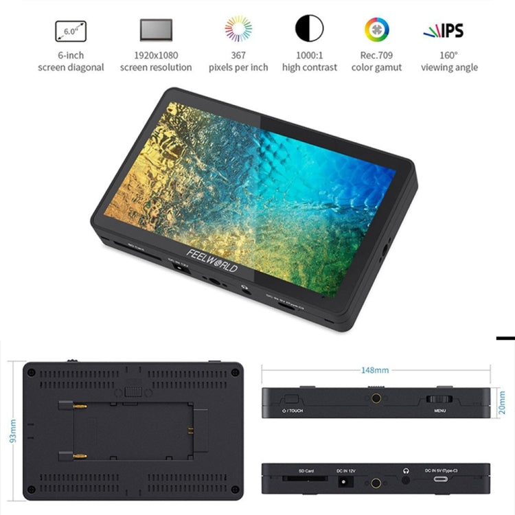 FEELWORLD F6 Plus V2 6 inch 3D LUT Touch Screen DSLR Camera Field Monitor, IPS FHD1920x1080 4K HDMI Input & Output, with Tilt Arm - free shipping - PMC TechLife - Order now!