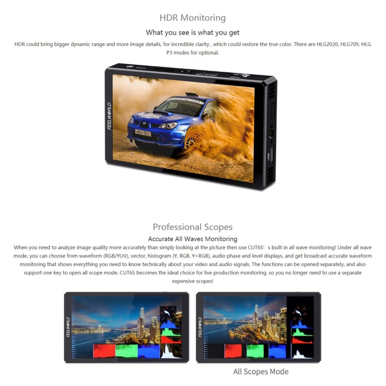 FEELWORLD CUT6S 6-inch Touch Screen Monitor Recorder FHD IPS 4K HDMI 3G-SDI Camera Field Monitor (Black) - free shipping - PMC TechLife - Order now!