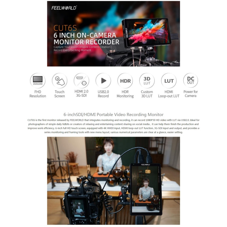 FEELWORLD CUT6S 6-inch Touch Screen Monitor Recorder FHD IPS 4K HDMI 3G-SDI Camera Field Monitor (Black) - free shipping - PMC TechLife - Order now!