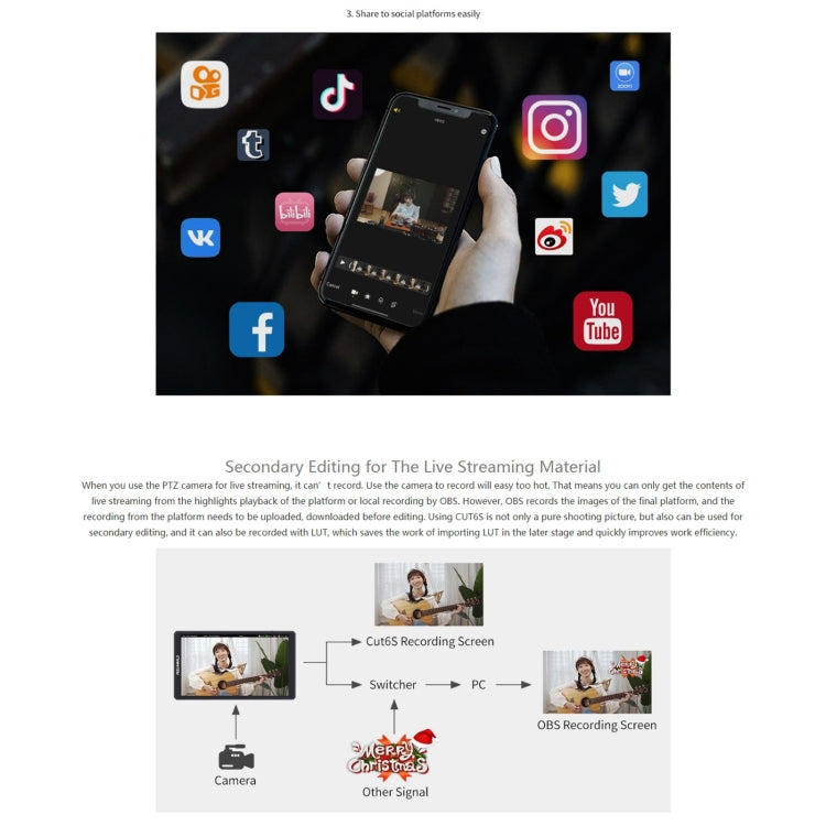 FEELWORLD CUT6S 6-inch Touch Screen Monitor Recorder FHD IPS 4K HDMI 3G-SDI Camera Field Monitor (Black) - free shipping - PMC Jewellery - Order now!