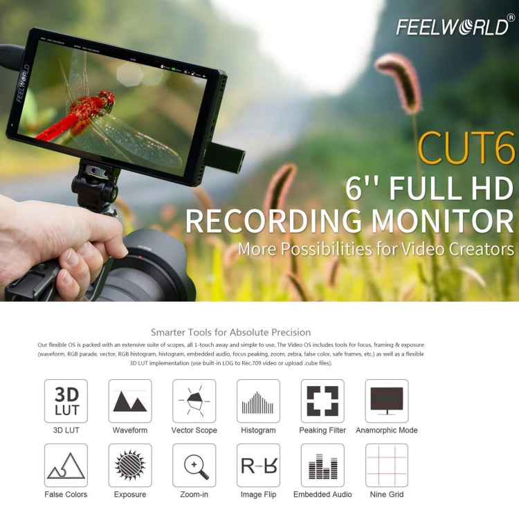FEELWORLD CUT6 6-inch Touch Screen Monitor Recorder FHD IPS 4K HDMI Camera Field Monitor (Black) - free shipping - PMC Jewellery - Order now!