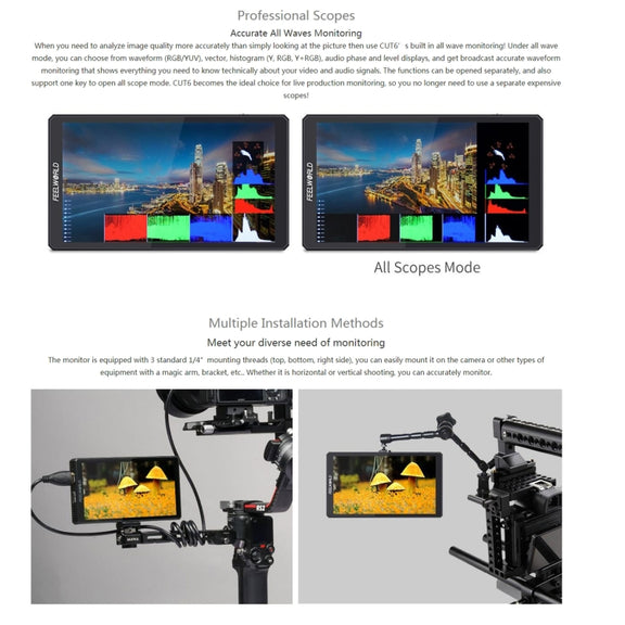 FEELWORLD CUT6 6-inch Touch Screen Monitor Recorder FHD IPS 4K HDMI Camera Field Monitor (Black)