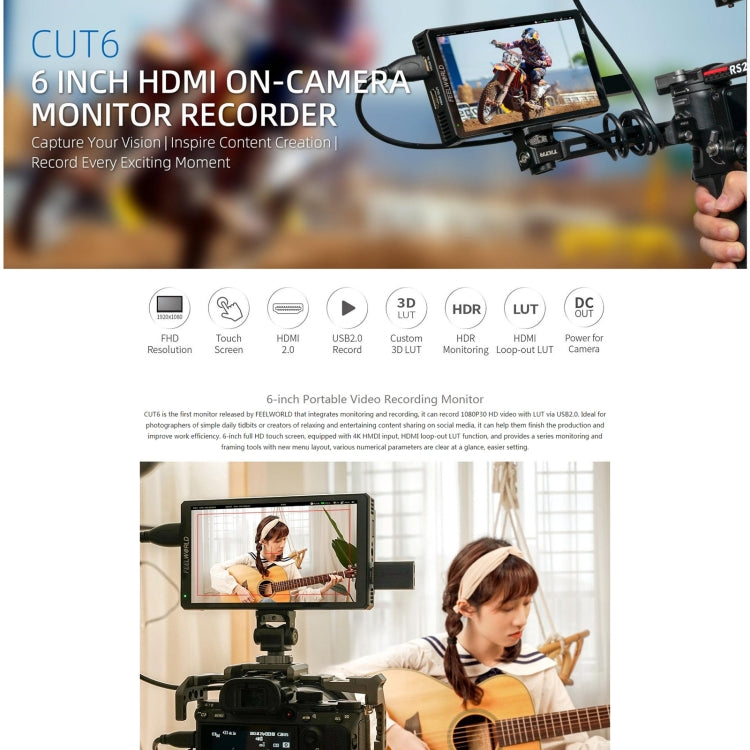 FEELWORLD CUT6 6-inch Touch Screen Monitor Recorder FHD IPS 4K HDMI Camera Field Monitor (Black) - free shipping - PMC TechLife - Order now!