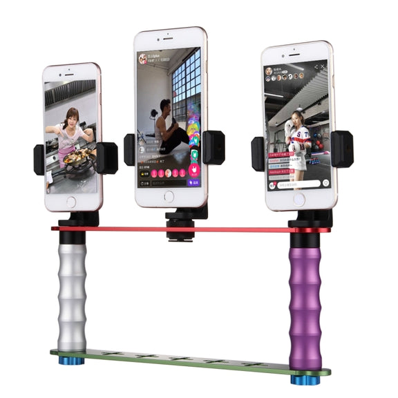 Smartphone Live Broadcast Bracket Dual Hand-held Selfie Mount Kits with 2x V-Bracket + 3x Phone Clips, For iPhone, Galaxy, Huawei, Xiaomi, HTC, Sony, Google and other Smartphones