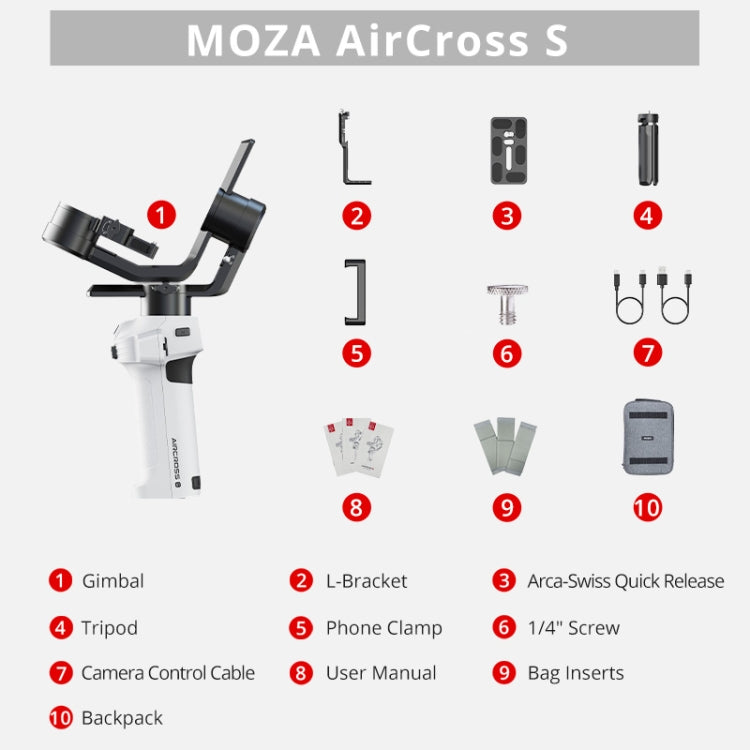 MOZA AirCross S 3 Axis Foldable Handheld Gimbal Stabilizer for DSLR Cameras and Smart Phone (White) - free shipping - PMC TechLife - Order now!