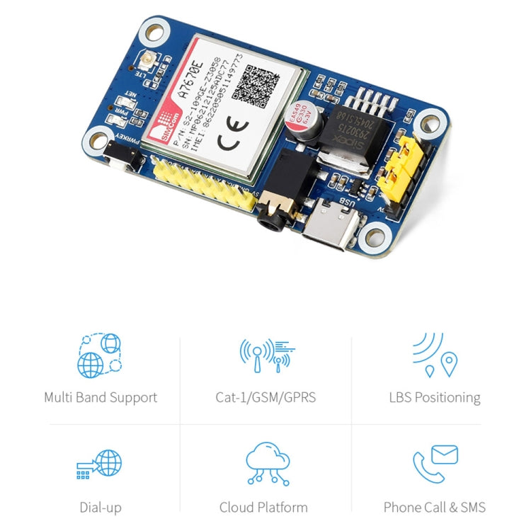 Waveshare Multi Band 2G GSM / GPRS LBS A7670E LTE Cat-1 HAT for Raspberry Pi, for Europe, Southeast Asia, West Asia, Africa, China, South Kor - free shipping - PMC TechLife - Order now!