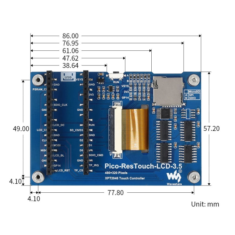 WAVESHARE 3.5 inch 65K Colors 480 x 320 Touch Display Module for Raspberry Pi Pico, SPI Interface