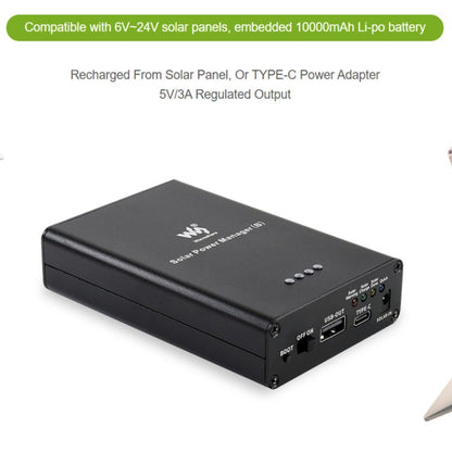 Waveshare Solar Power Manager, Embedded 10000mAh Li-Po Battery, Support 6V~24V Solar Panels (Black) - free shipping - PMC Jewellery - Order now!