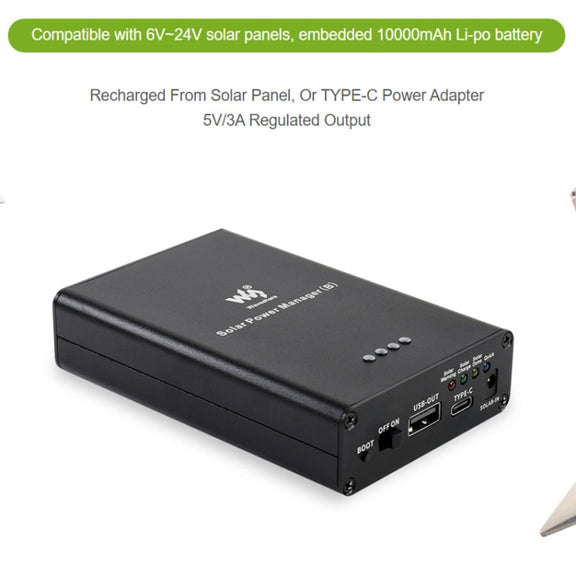 Waveshare Solar Power Manager, Embedded 10000mAh Li-Po Battery, Support 6V~24V Solar Panels (Black)