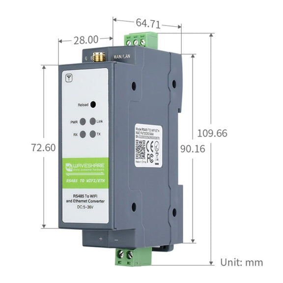 Waveshare Rail-Mount Serial Server RS485 to WIFI/Ethernet Module, Modbus MQTT Gateway