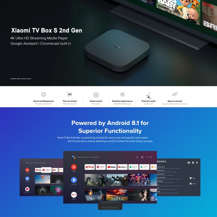 Xiaomi TV Box S 2nd Gen 4K HDR Google TV with Google Assistant Remote Streaming Media Player, Cortex-A55 Quad-core 64bit, 2GB+8GB, Google TV, EU Version(Black)