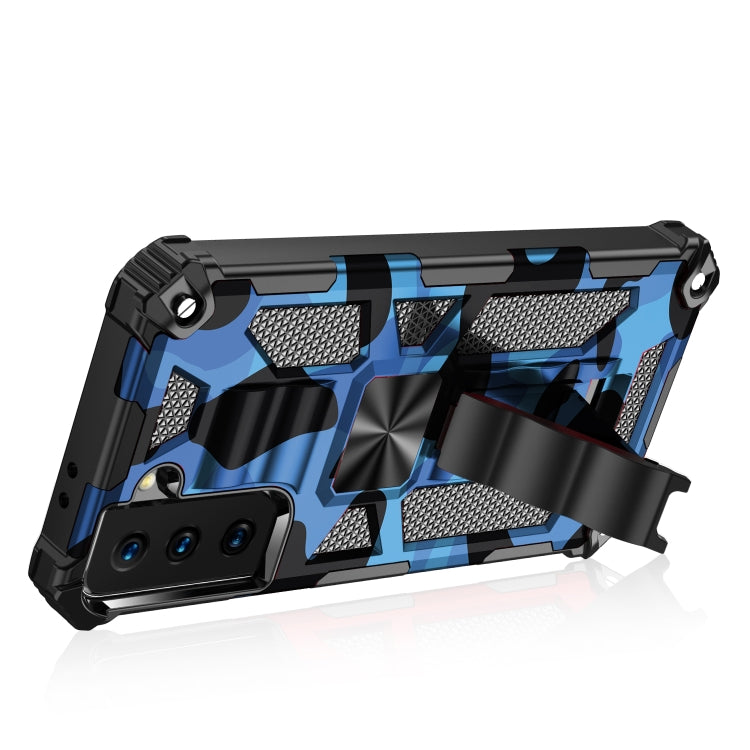 For Samsung Galaxy S21 Ultra 5G Camouflage Armor Shockproof TPU + PC Magnetic Protective Case with Holder(Dark Blue)