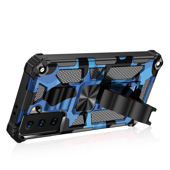 For Samsung Galaxy S21 Ultra 5G Camouflage Armor Shockproof TPU + PC Magnetic Protective Case with Holder(Dark Blue)