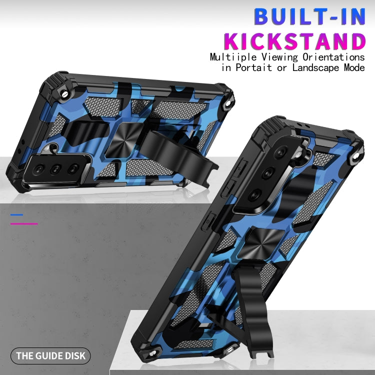 For Samsung Galaxy S21 Ultra 5G Camouflage Armor Shockproof TPU + PC Magnetic Protective Case with Holder(Dark Blue)