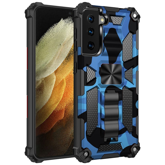 For Samsung Galaxy S21 Ultra 5G Camouflage Armor Shockproof TPU + PC Magnetic Protective Case with Holder(Dark Blue)