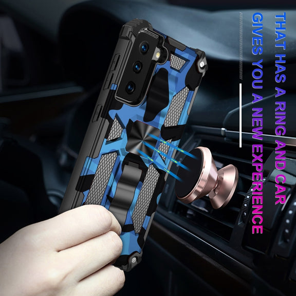 For Samsung Galaxy S21 Ultra 5G Camouflage Armor Shockproof TPU + PC Magnetic Protective Case with Holder(Dark Blue)