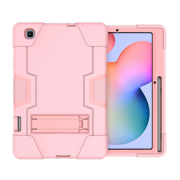For Samsung Galaxy Tab S6 Lite P610 Contrast Color Robot Shockproof Silicon + PC Protective Case with Holder(Rose Gold)