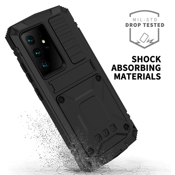 For Samsung Galaxy S21 Ultra 5G R-JUST Shockproof Water-resistant Dust-proof Metal + Silicone Protective Case with Holder(Black)