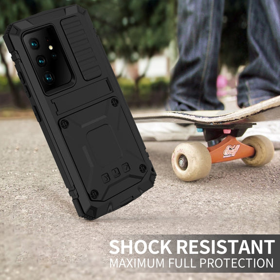 For Samsung Galaxy S21 Ultra 5G R-JUST Shockproof Water-resistant Dust-proof Metal + Silicone Protective Case with Holder(Black)