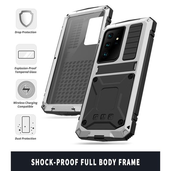 For Samsung Galaxy S21 Ultra 5G R-JUST Shockproof Water-resistant Dust-proof Metal + Silicone Protective Case with Holder(Silver)