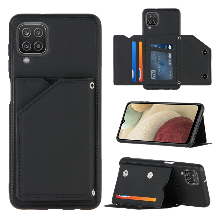 For Samsung Galaxy A12 Skin Feel PU + TPU + PC Back Cover Shockproof Case with Card Slots & Holder & Photo Frame(Black) - Galaxy Phone Cases by PMC TechLife | Online Shopping South Africa | PMC TechLife