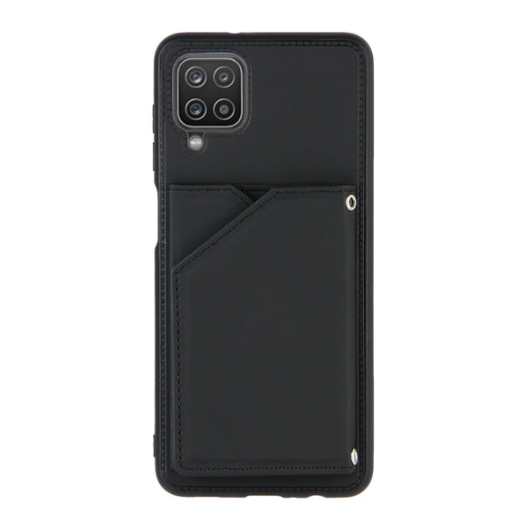 For Samsung Galaxy A12 Skin Feel PU + TPU + PC Back Cover Shockproof Case with Card Slots & Holder & Photo Frame(Black)