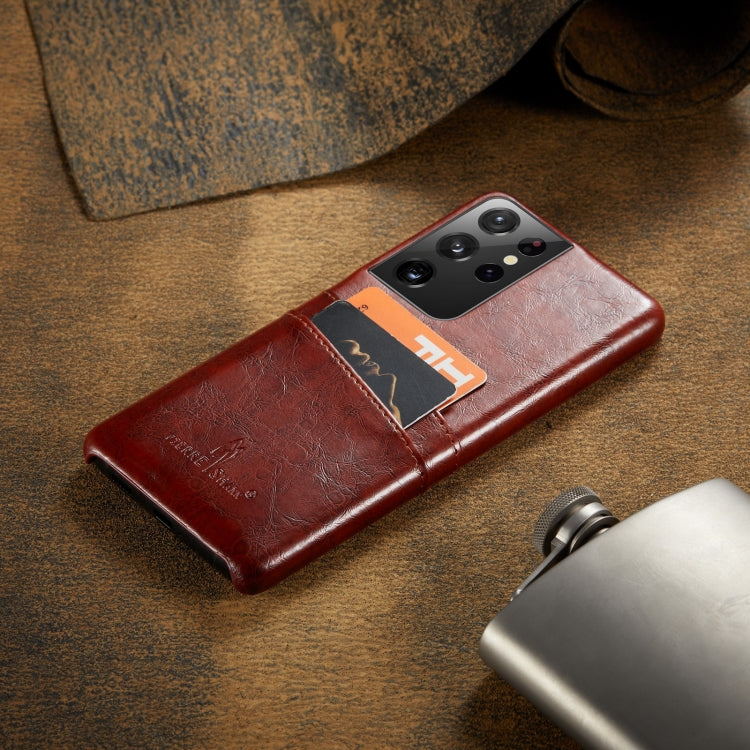 For Samsung Galaxy S21 Ultra 5G Fierre Shann Oil Wax Texture Leather Back Cover Case(Brown) - Galaxy S21 Ultra 5G Cases by FIERRE SHANN | Online Shopping South Africa | PMC TechLife | Buy Now Pay Later Mobicred