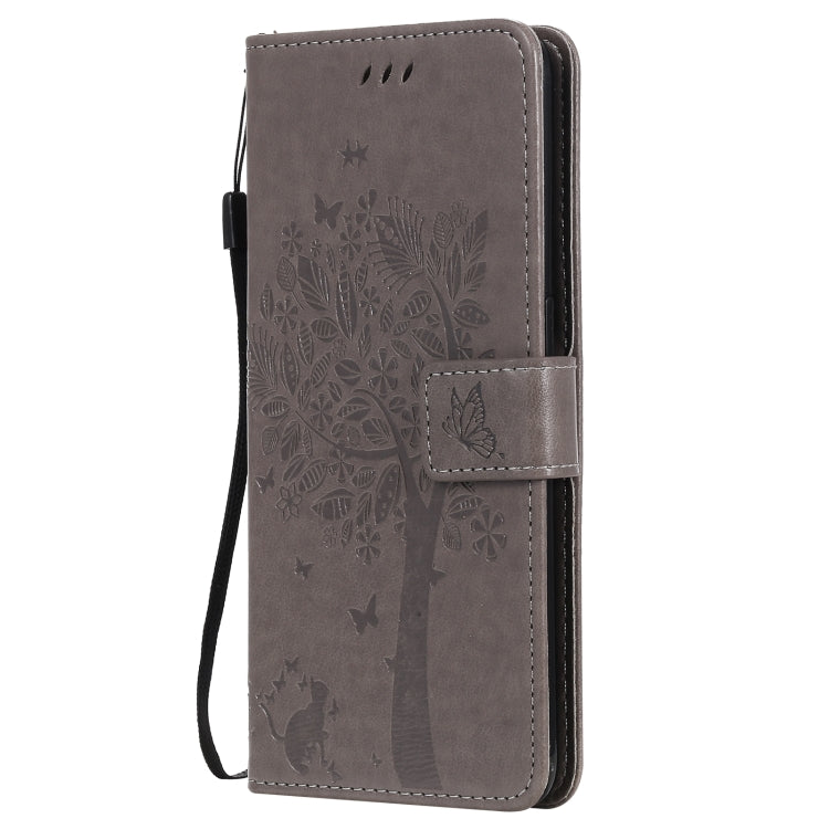 For OPPO Reno5 5G Tree & Cat Pattern Pressed Printing Horizontal Flip PU Leather Case with Holder & Card Slots & Wallet & Lanyard(Gray) - OPPO Cases by PMC TechLife | Online Shopping South Africa | PMC TechLife | Buy Now Pay Later Mobicred
